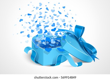 Gift with blue bow and hearts isolated on white. Vector illustration