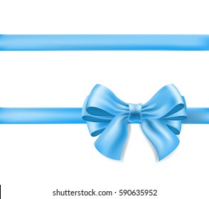 Gift blue bow ribbon on white. Celebration greeting design element 