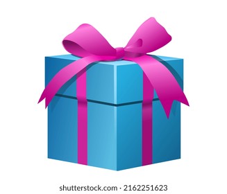Casilla azul de regalo. Hermoso embalaje con arco violeta para el presente. Iconos elegantes para el sitio web, sorpresas para los usuarios y ofertas especiales. Afiches para tienda online. Ilustración vectorial isométrica de dibujos animados