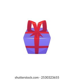 Caja azul del regalo decorada con el icono rojo del Vector del arco. Paquete de regalo con cinta para Navidades, cumpleaños, celebración de fiestas. Premio al elemento GUI para la interfaz del juego. Caja de regalo sorpresa de recompensa de dibujos animados