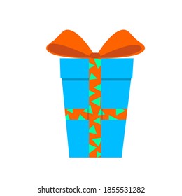 Gift in a blue box with an orange ribbon in a triangle. Surprise with a beautiful bow. Flat style. For a logo, banner, or postcard. Vector illustration on a white isolated background.