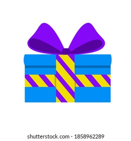 Gift in a blue box with a purple striped ribbon. Surprise with a beautiful bow. Flat style. For a logo, banner, or postcard. Vector illustration on a white isolated background.