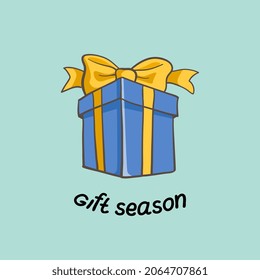 Gift blue box with a yellow bow and an inscription. Vector illustration.