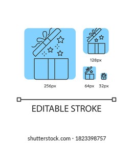 Gift blue linear icons set. Open present. Surprise in box. Celebrate birthday. Give away. Thin line customizable 256, 128, 64 and 32 px vector illustrations. Contour symbols. Editable stroke