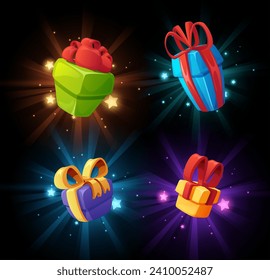 Gift bonus boxes game icons or ui elements set, 3D realistic vector illustration isolated on dark background. Gifts and awards 3d game assets collection.