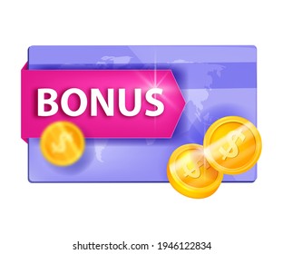 Gift bonus card, customer reward, loyalty program vector illustration, golden coins isolated on white. Discount, client points, cashback service, sale promo concept. VIP loyalty program voucher design