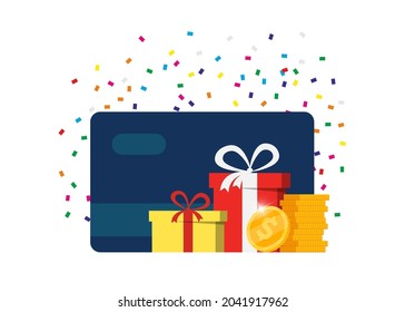 Gift or bonus card. Earn loyalty points and receive online rewards. Customer service business advertising. Money coins cashback, financial prize program, surcharge or allowance payment concept. Vector