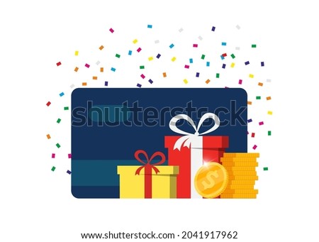 Gift or bonus card. Earn loyalty points and receive online rewards. Customer service business advertising. Money coins cashback, financial prize program, surcharge or allowance payment concept. Vector