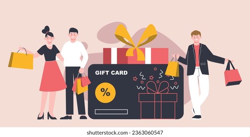 Gift and bonus card. Voucher benefits service, incentive customers. Sale cards and shopping boxes, presents for shoppers, splendid vector concept