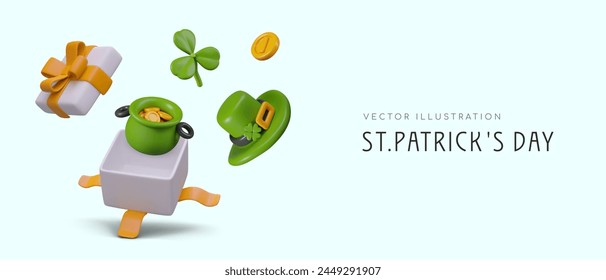 Gift, bonus, surprise for St. Patrick Day. Open gift box, pot of coins, leprechaun hat, shamrock