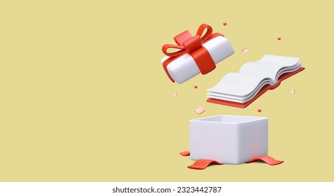 Libro de regalo. Caja abierta 3D, atada con cinta de acero, volumen de tapa dura. Presente para el ratón de biblioteca. Nuevo de tu autor favorito. Edición de regalo ilustrada costosa. Afiche publicitario en color