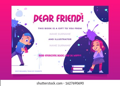 Gift book banner, present card to child. Creative flyer with schoolboy carry volume in hands and girl stand near stack of textbooks on bright background with random blots Cartoon vector illustration