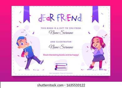 Gift book banner, present card to child. Creative flyer with schoolboy carry volume in hands, girl stand near stack of textbooks on bright background with confetti and bows Cartoon vector illustration svg