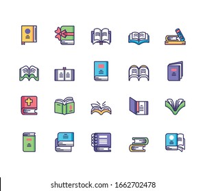 gift book and book icon set over white background, line and fill style, vector illustration