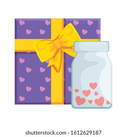 gift and bottle with hearts isolated icon vector illustration design