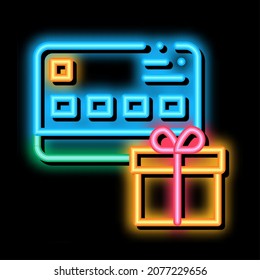 Gift Bought with Credit Card neon light sign vector. Glowing bright icon Gift Bought with Credit Card sign. transparent symbol illustration