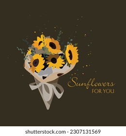 Gift bouquet of beautiful yellow sunflowers tied with ribbon on dark background with space to write