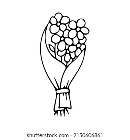 Gift bouquet of flowers line art. Daisy flower. Floral present in a package tied with a bow. Hand drawn vector doodle illustration. Outline drawing.