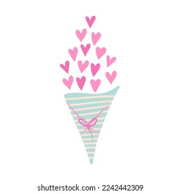 Gift bouquet with hearts instead of flowers. Valentines Day Card. Vector illustration