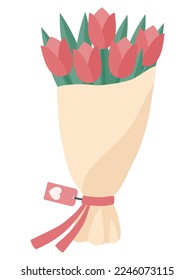 Gift bouquet of tulip flowers wrapped in craft paper, flat vector illustration