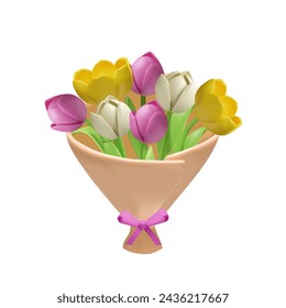 Gift bouquet of tulips in wrapping paper 3D realistic vector illustration. Tulip buds, spring flowers. Plasticine texture beautiful pink, white and yellow flowers. Blossom bunch for floral design