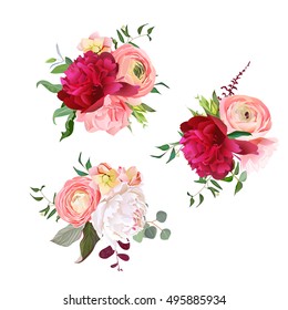 Gift bouquets of rose, peony, ranunculus, carnation and eucalyptus leaves. Romantic surprise vector design set. All elements are isolated and editable.