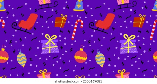 A gift with a bow. balls, skates, felt boots. blue, red gift card background. Vector design.