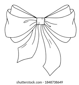 Moda de regalo, arco hermoso, paquete de cartas de regalo y decoración. Cinta de cumpleaños, sorpresa de San Valentín. Ilustración de arco de línea de vectores aislada en fondo blanco
