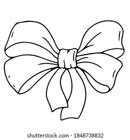 Gift  bow, beautiful bow, present card package and decoration. Ribbon for birthday, valentine surprise. Vector line art bow illustration isolated on white background