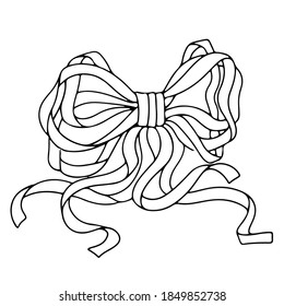 Moda de regalo, arco hermoso, paquete de cartas de regalo y decoración. Cinta de cumpleaños, sorpresa de San Valentín. Ilustración de arco de línea de vectores aislada en fondo blanco