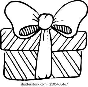 A gift with a bow. Black and white doodle illustration