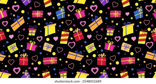 A gift with a bow. blue, yellow gift card on a black background. a red heart.  Vector design.

