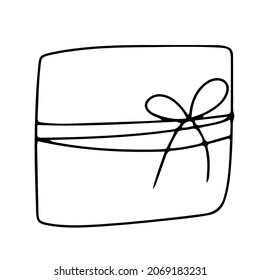 Gift with bow decoration in doodle style. Simple decor for a festive Christmas and New Years. Vector illustration isolated on white background.