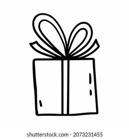 Gift with bow in doodle style. Linear icon for decoration postcard. Black and white sticker.