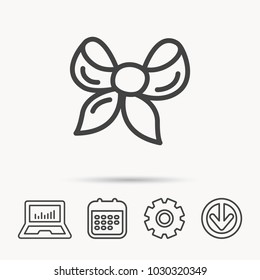 Gift bow icon. Present decoration sign. Ribbon for packaging symbol. Notebook, Calendar and Cogwheel signs. Download arrow web icon. Vector