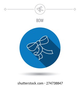 Gift bow icon. Present decoration sign. Ribbon for packaging symbol. Blue flat circle button. Linear icon with shadow. Vector