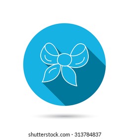Gift bow icon. Present decoration sign. Ribbon for packaging symbol. Blue flat circle button with shadow. Vector