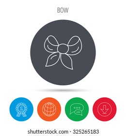Gift bow icon. Present decoration sign. Ribbon for packaging symbol. Globe, download and speech bubble buttons. Winner award symbol. Vector