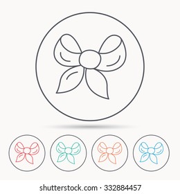 Gift bow icon. Present decoration sign. Ribbon for packaging symbol. Linear circle icons.