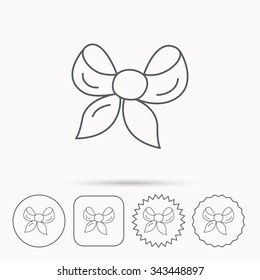 Gift bow icon. Present decoration sign. Ribbon for packaging symbol. Linear circle, square and star buttons with icons.
