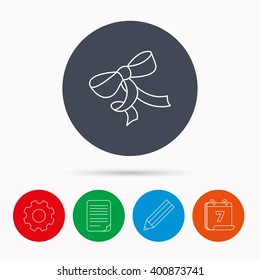 Gift bow icon. Present decoration sign. Ribbon for packaging symbol. Calendar, cogwheel, document file and pencil icons.