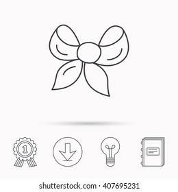 Gift bow icon. Present decoration sign. Ribbon for packaging symbol. Download arrow, lamp, learn book and award medal icons.
