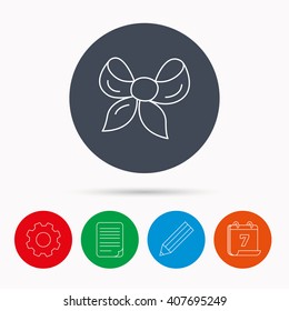 Gift bow icon. Present decoration sign. Ribbon for packaging symbol. Calendar, cogwheel, document file and pencil icons.
