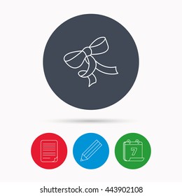 Gift bow icon. Present decoration sign. Ribbon for packaging symbol. Calendar, pencil or edit and document file signs. Vector