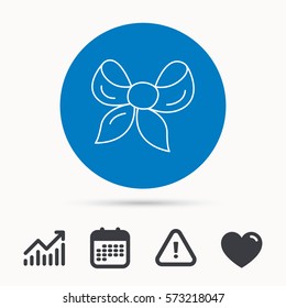 Gift bow icon. Present decoration sign. Ribbon for packaging symbol. Calendar, attention sign and growth chart. Button with web icon. Vector
