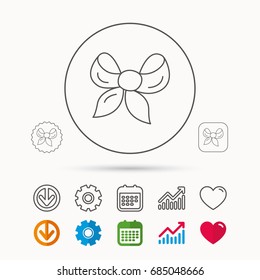 Gift bow icon. Present decoration sign. Ribbon for packaging symbol. Calendar, Graph chart and Cogwheel signs. Download and Heart love linear web icons. Vector