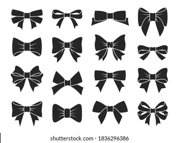 Gift bow icons. Decorative black bows silhouettes, elegant ribbon for birthday present boxes packaging. Xmas fashion wrapping decoration collection holiday vector flat isolated on white background set