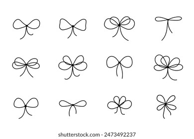 Gift bow icons set. Doodle vector line drawing. Outline minimal tie hand drawn sketch isolated on white