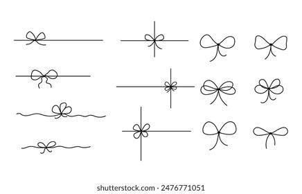 Gift bow line set. Ribbon with knot doodle, vector drawing. Outline minimal tie hand drawn sketch isolated on white