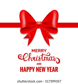 Gift bow. Merry Christmas and Happy New Year. Red realistic bow. Satin holiday bow.